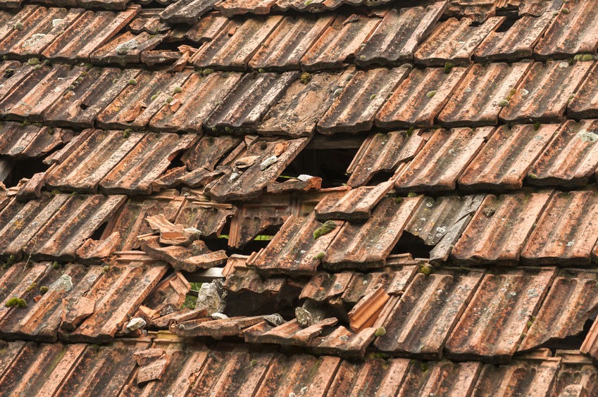 A deteriorated roof with broken and missing red tiles, exposing sections of the underlying structure, that would certainly catch the attention of home & commercial roof damage insurance adjusters. Moss and lichen are growing on some of the remaining tiles.
